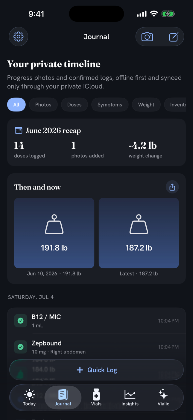 Progress timeline with a monthly recap and a then-and-now progress-photo comparison