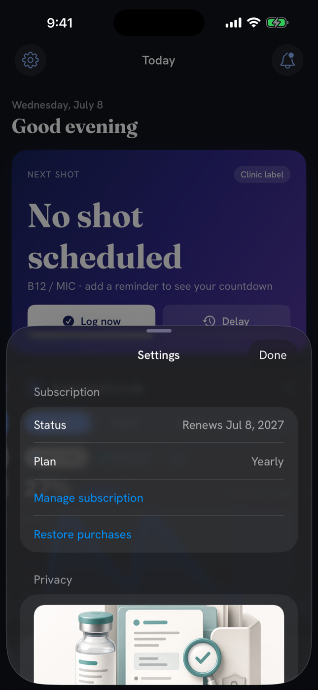 Vialie privacy settings screen