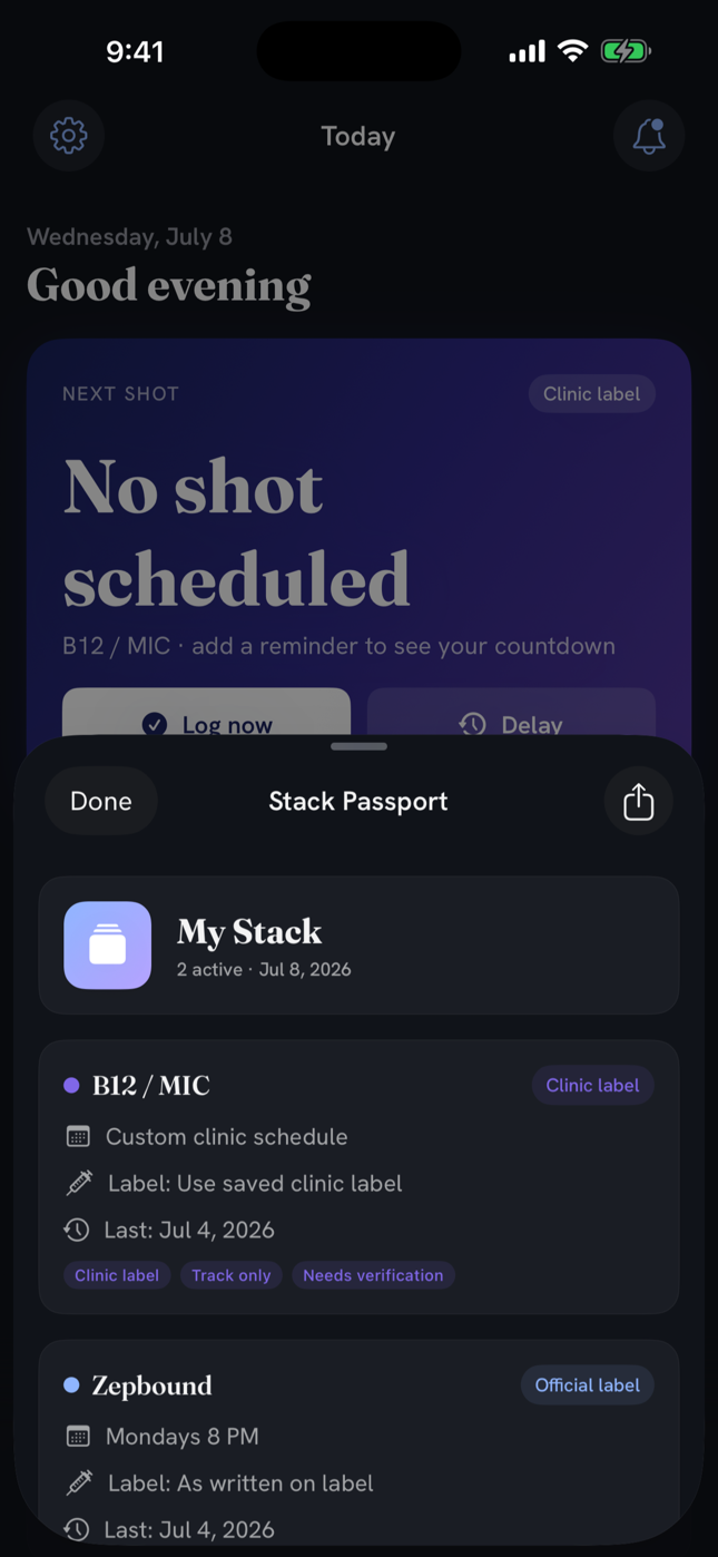 Vialie Reports and Stack Passport screen