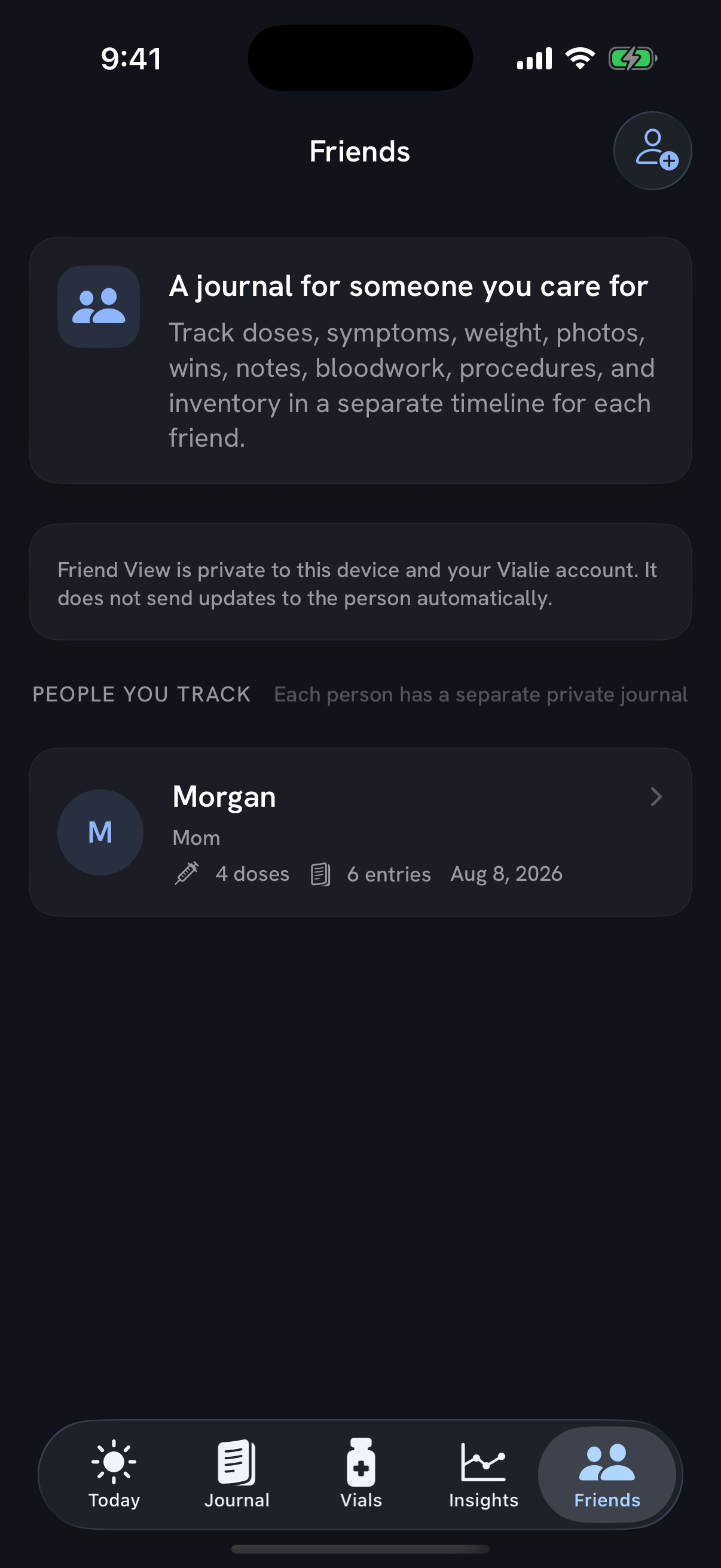 Vialie Friends screen with a private journal for someone you care for